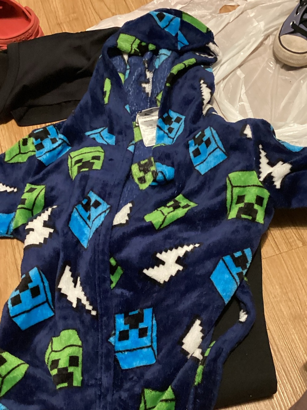 Kids Plush Hooded Pajama Robe - Navy Blue with Green & Light Blue Blocks